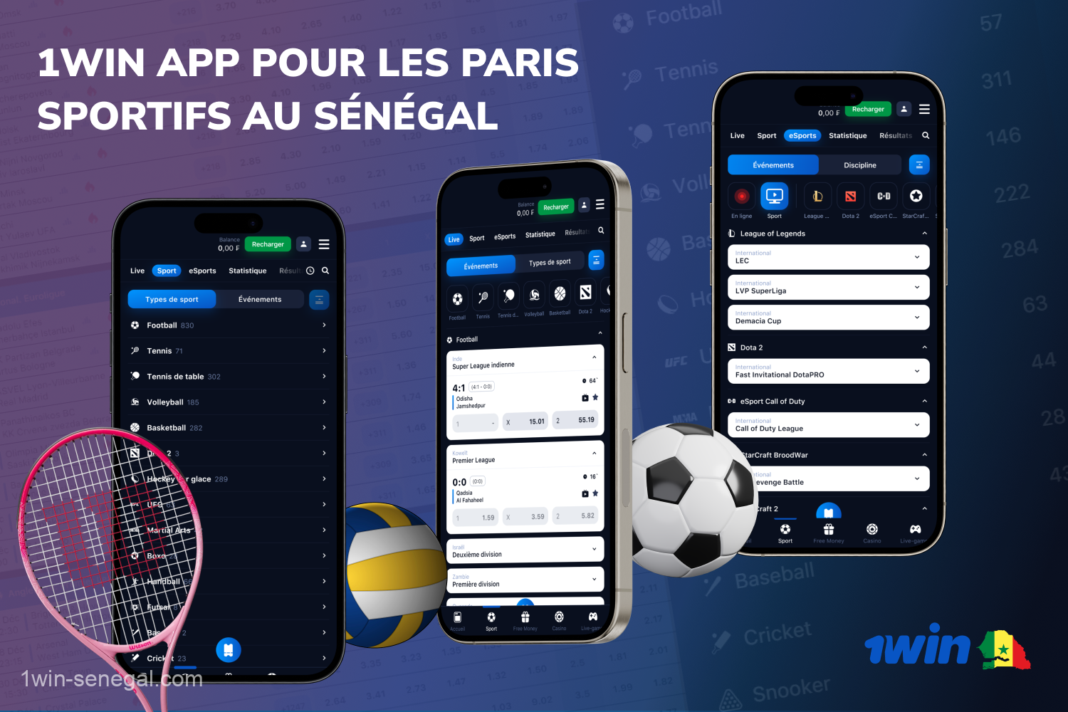Les parieurs du Sénégal peuvent parier confortablement sur des matchs sportifs dans plus de 30 sports dans l'application mobile 1win pour Android et iOS