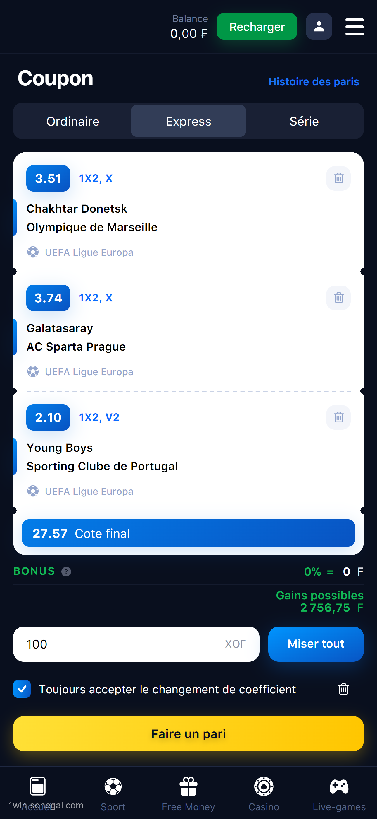 capture d'écran de l'écran avec les paris sur les compétitions sportives dans l'application mobile 1win Sénégal