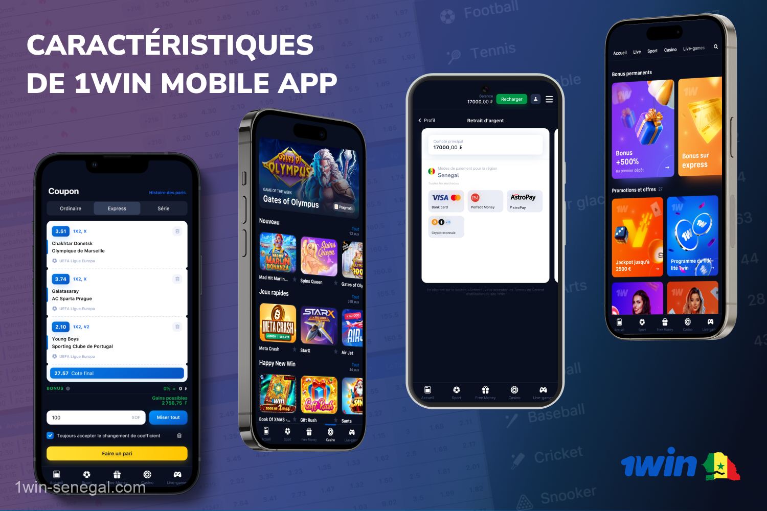 Dans l'application mobile 1win Sénégal, les utilisateurs peuvent parier sur des sports, jouer à des jeux de casino, utiliser des bonus, effectuer des dépôts et retirer leurs gains