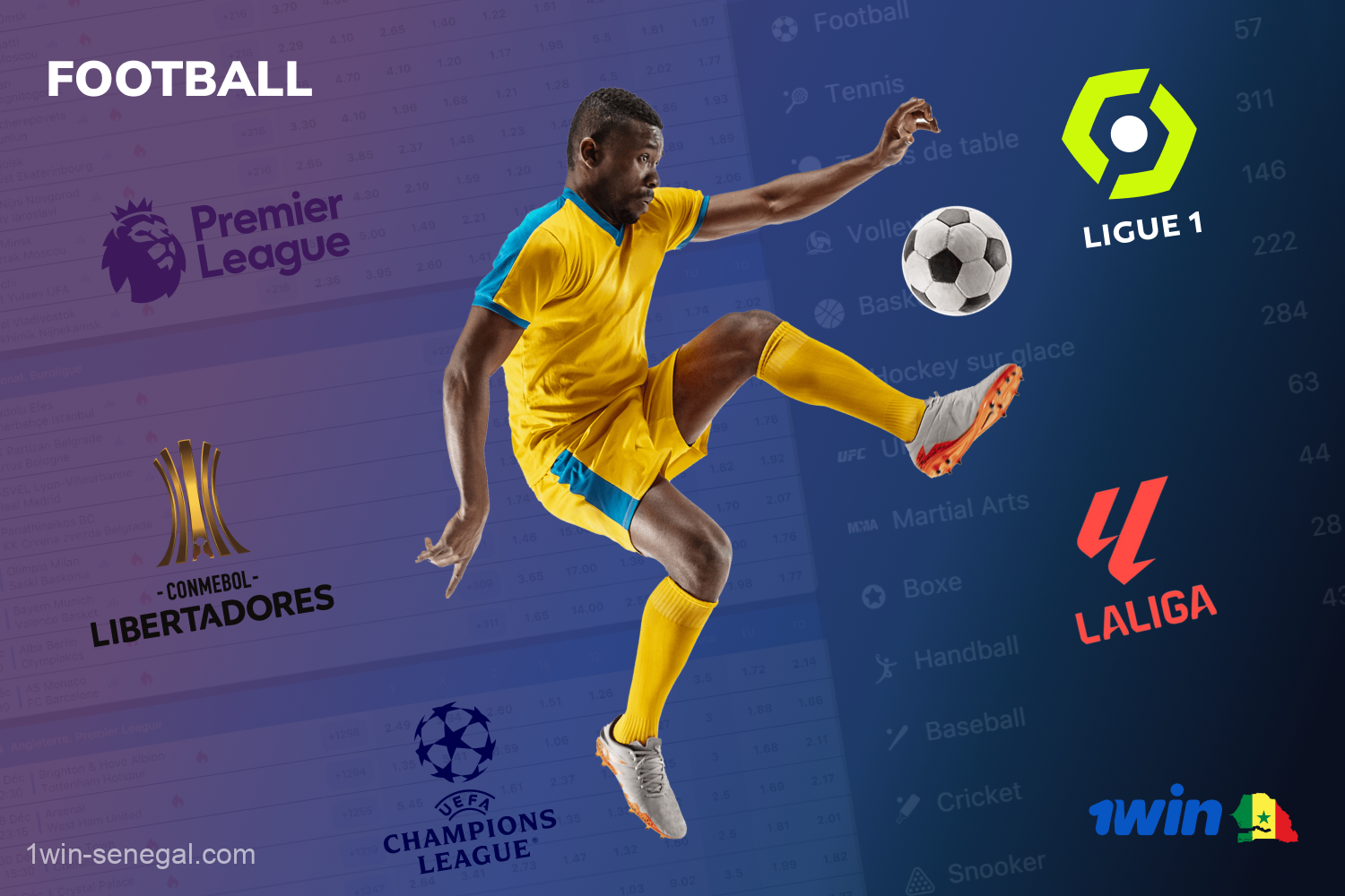 Les fans de football sénégalais peuvent parier sur les matchs des principaux championnats de football sur le site web et sur l'application mobile 1win
