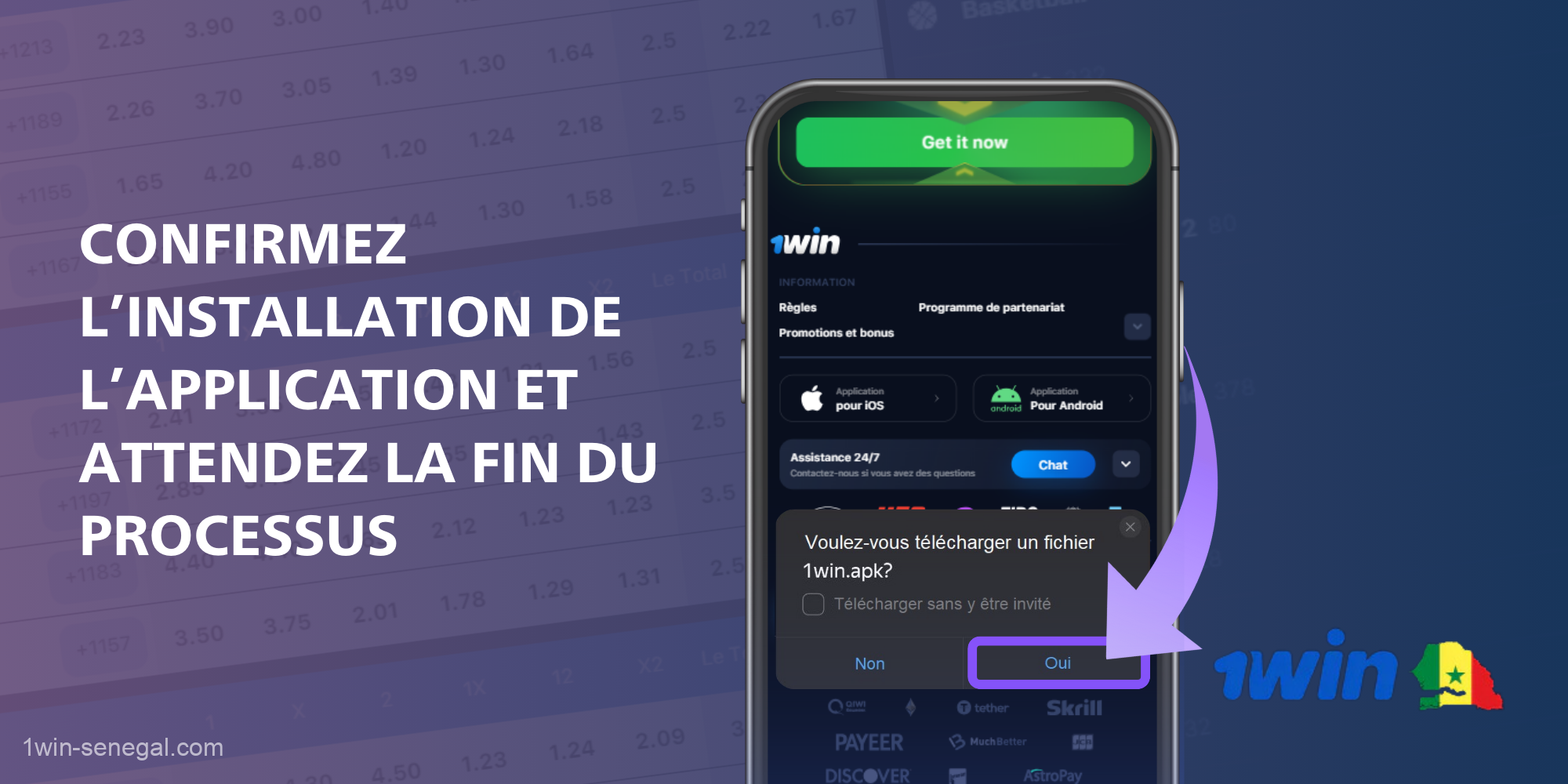 Pour installer 1Win sur un smartphone, un utilisateur sénégalais doit confirmer l'installation de l'application et attendre la fin du processus