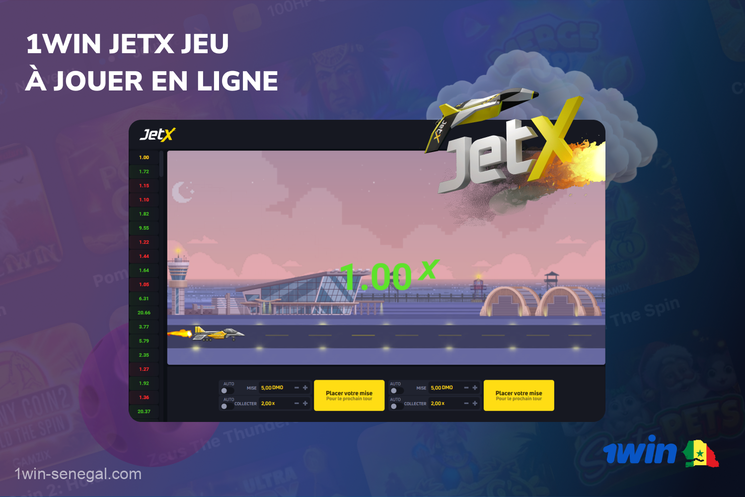 1win JetX est un jeu de crash passionnant qui est populaire parmi les joueurs au Sénégal