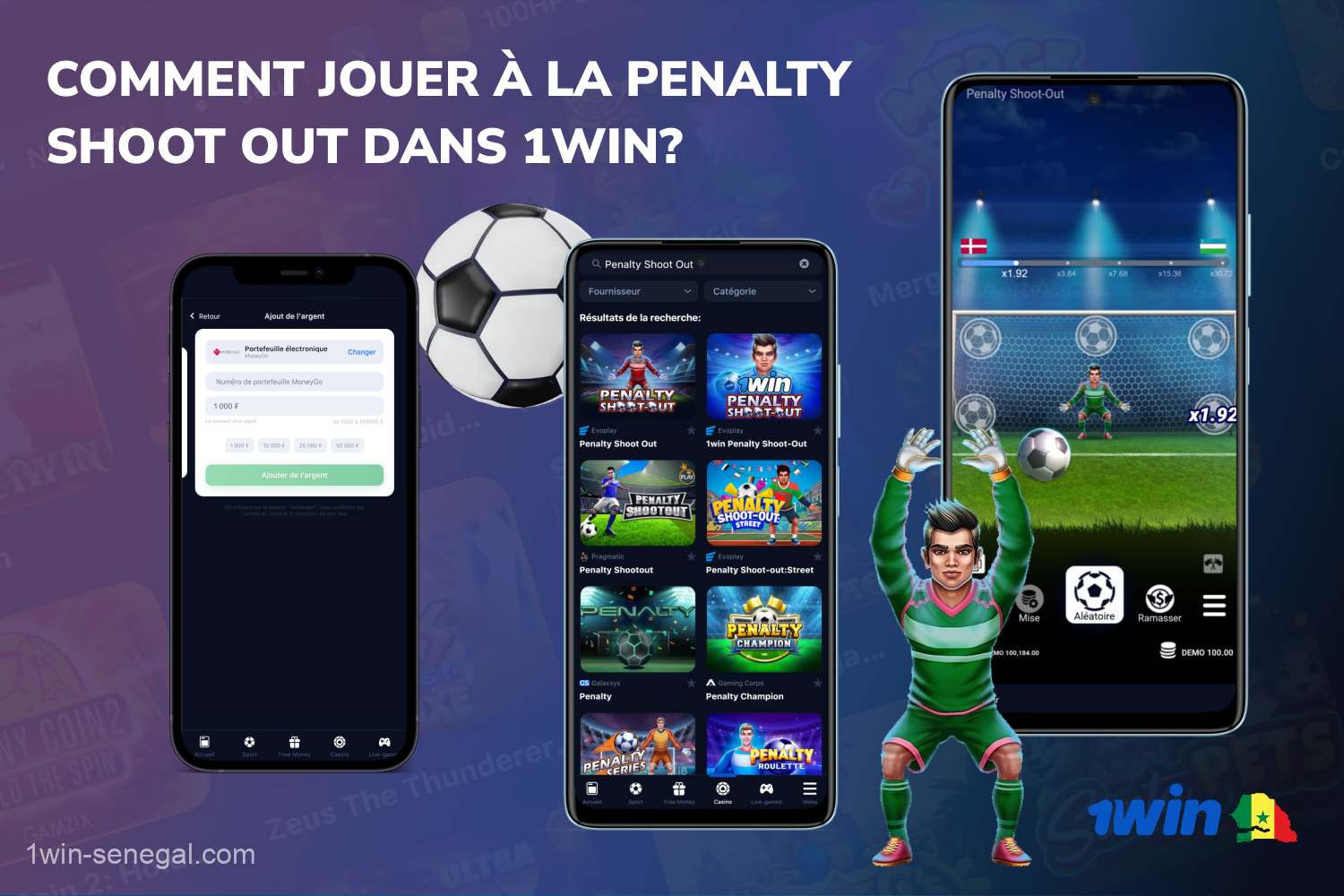 Pour jouer à 1win Penalty Shoot Out, inscrivez-vous au casino, approvisionnez votre compte, sélectionnez votre équipe, définissez votre pari, tirez et attendez le résultat