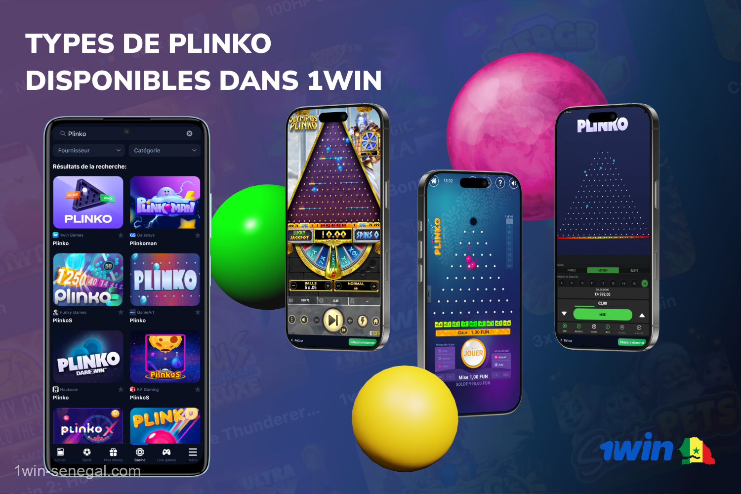 Les jeux de Plinko de BGaming, Betsoft et Hacksaw Gaming sont disponibles au casino 1win Sénégal avec différents niveaux de difficulté, paramètres et bonus