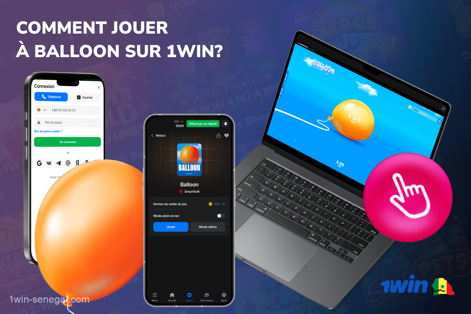 Pour jouer à Balloon sur 1win, les joueurs du Sénégal doivent se connecter à leur compte, choisir leur mise et arrêter le ballon avant qu'il n'éclate